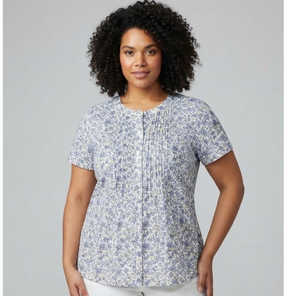 Woman Within Blue Floral Pintuck Cotton Blouse Size 1X 22/24 100% Cotton
